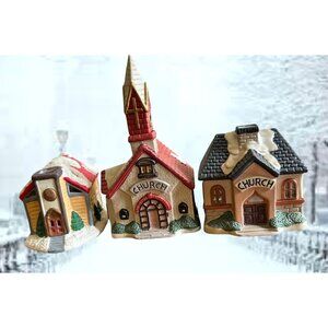 Vintage Church Tea Light Holder Set of 3 Gift Collection Steeple Christmas Peace